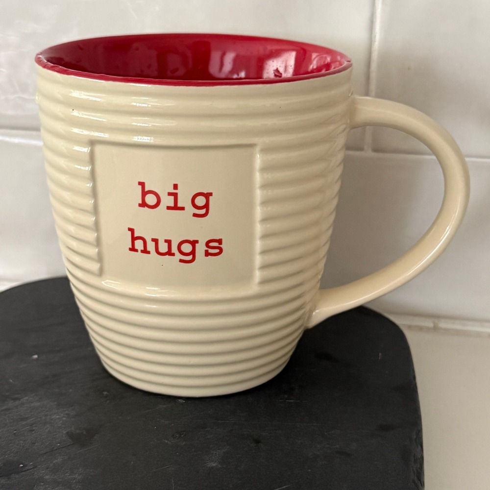 The Old Pottery Company Big Hugs Ribbed Ceramic Coffee Mug Cream Red Interior